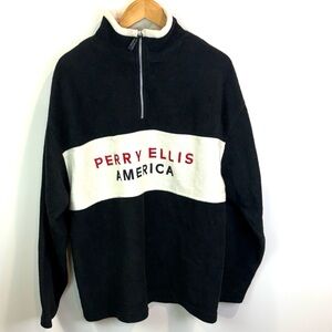 90s/00s vintage Perry Ellis Blue and Cream 1/4 zip fleece size L *** read desc.